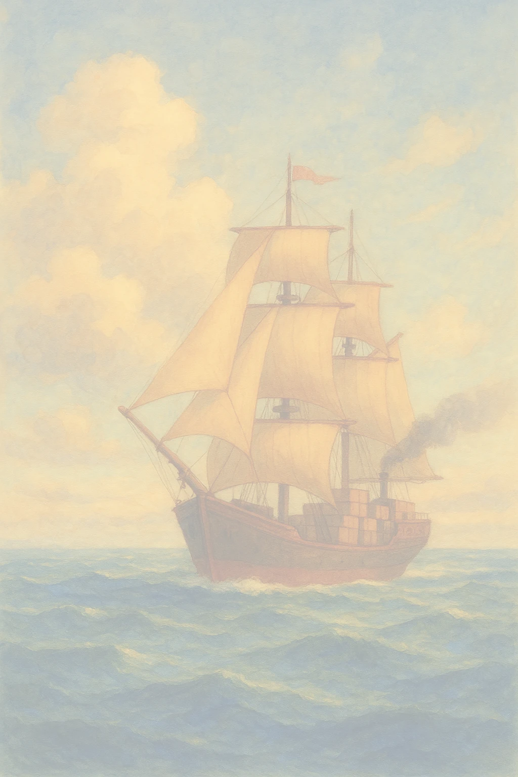 Background image of an old wooden ship carrying boxes of green tea across an ocean.